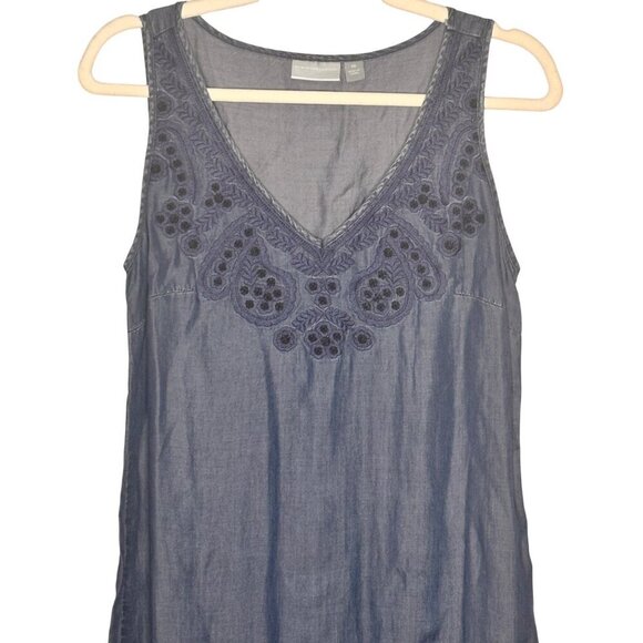 NY&Co Chambray Boho Embroidered Fringe Hippie Dress Womens XS Fairy Cottage 70s - Picture 2 of 10